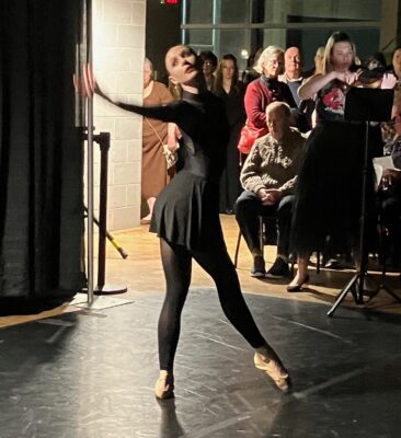 Ballet QC dancer Madeline Kreszenz performing, accompanied by QCSO violinist Emily Nash Tuesday night at the Putnam (photo by Jonathan Turner).