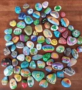Various decorated rocks from the QC Rocks project