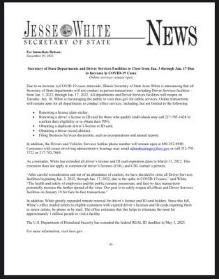 Illinois Driver Services Facilities Closing January 3-17