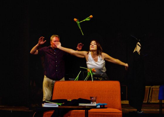 Leslie Day and Mike Schulz in "God of Carnage," at Playcrafters Barn Theatre.