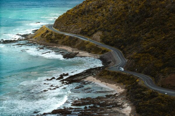 Aerial view of the picturesque Great Ocean Road in Lorne, Victoria, Australia.