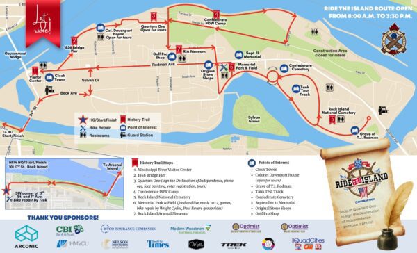 A map of the 2026 Ride the Island on Arsenal Island, Sunday, June 21.