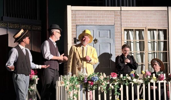 The First Presbyterian production of "Tuck Everlasting" features (L-R) Marlo Reed (Hugo), Glen Roebuck (Constable Joe), Mark Ruebling (The Man in the Yellow Suit), Rebecca Buening-Ferris (Ma Foster), and Wendy Hammen (Nana Foster).