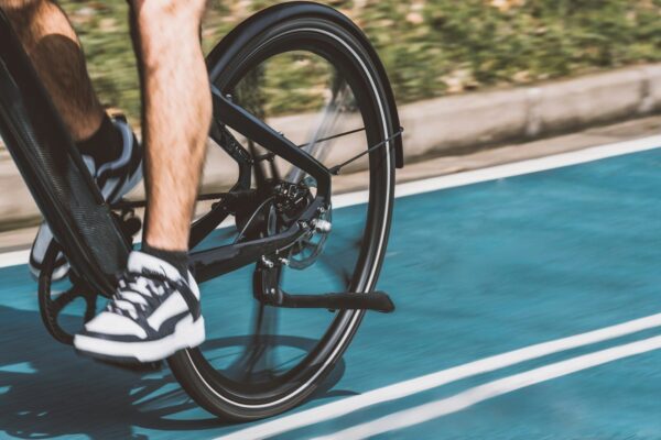 a close up of a person riding a bike