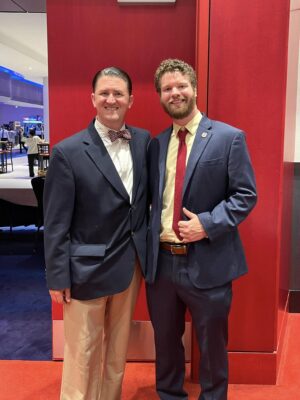 Jazz drummer Josh Duffee (left) with Bix Jazz Society board member James Beiderbecke. (credit: Josh Duffee)