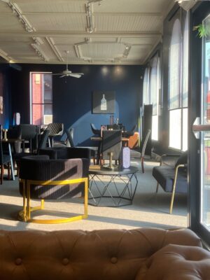 Part of the blue "wine" side of the wine bar. (photo by Jonathan Turner).