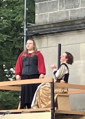 Josef Bodenbender, left, is Kate, and Zach Ulmer is her sister Bianca in the new Genesius Guild "Taming of the Shrew," running through Sunday, July 19 at Lincoln Park, Rock Island. (photo by Jonathan Turner).