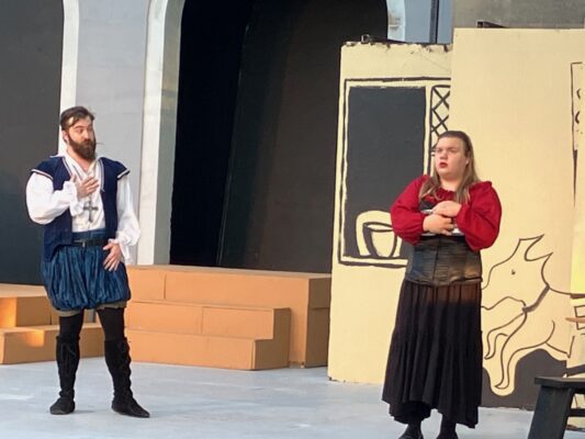 Andy Curtiss plays Petruchio and Josef Bodenbender is Katherine in "Taming of the Shrew" in the first all-male Shakespeare play at Genesius Guild. (photo by Jonathan Turner).