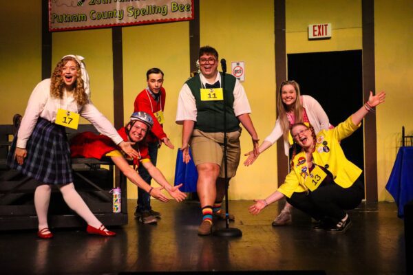 The spellers in the Music Guild "Spelling Bee" are played by (L-R) Megan Warren, Jack Bevans, Brian Heffernan, Luke Vermiere, Lauren VanSpeybroeck, and Adrienne Jane Evans.