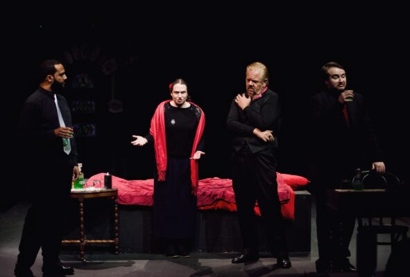 "Murder by Poe" feature (L-R)\ Kyle Taylor as Cat, Julia Sears as Woman, Paul Hansen as Heart, Drew DeKeyrel as Dupin. (photo by Michael Bitterman)