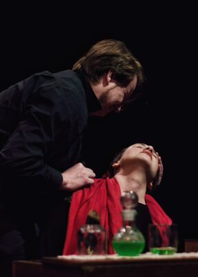 Drew DeKeyrel as Edgar Allan Poe, Julia Sears as Virginia Clemm Poe. (photo by Michael Bitterman)